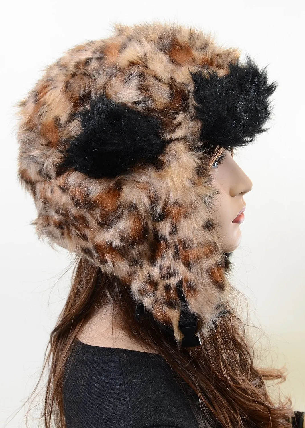 Furry All Over Vegan Friendly Leopard Cold Weather Ushanka Trapper Hat