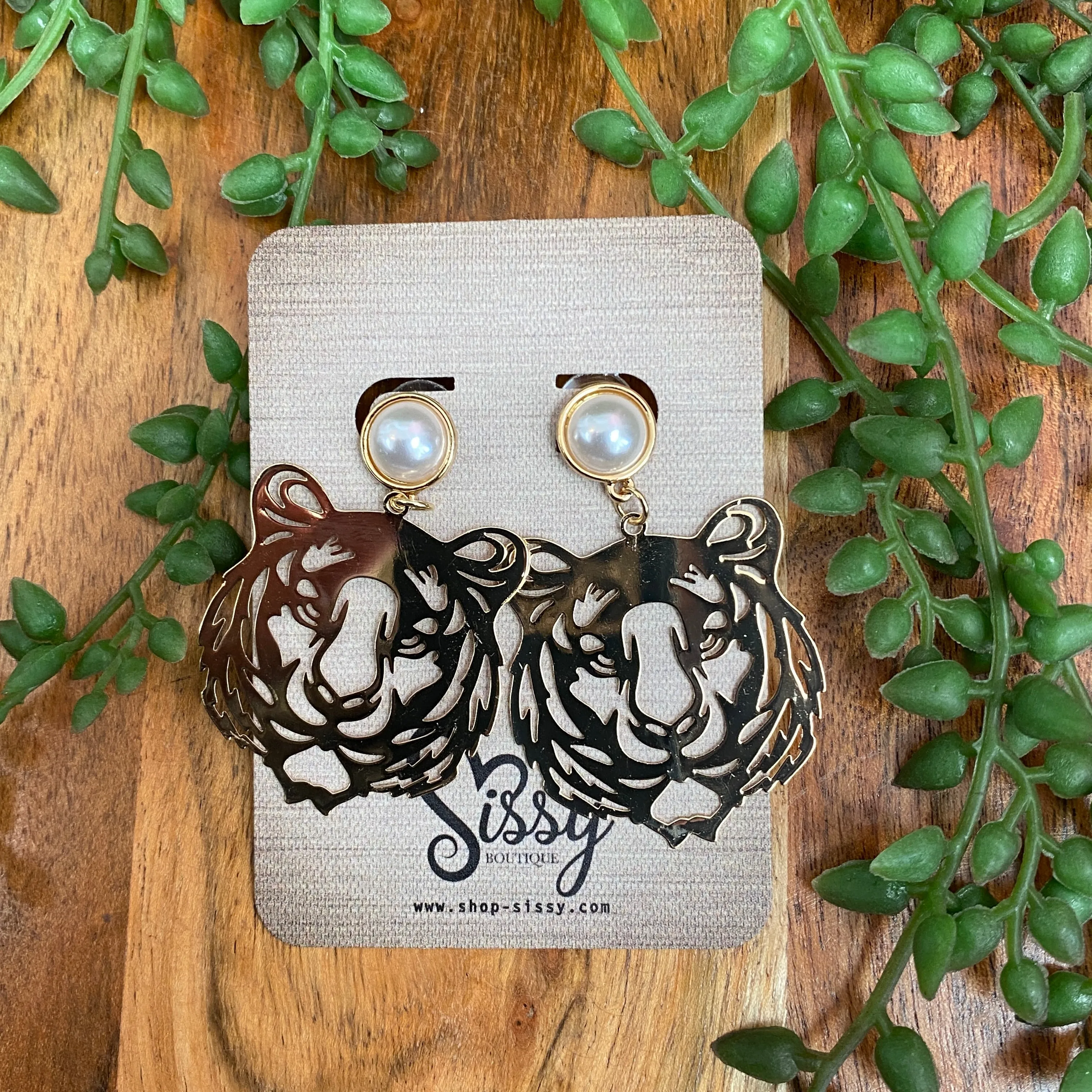 GOLD TIGER AND PEARL EARRINGS