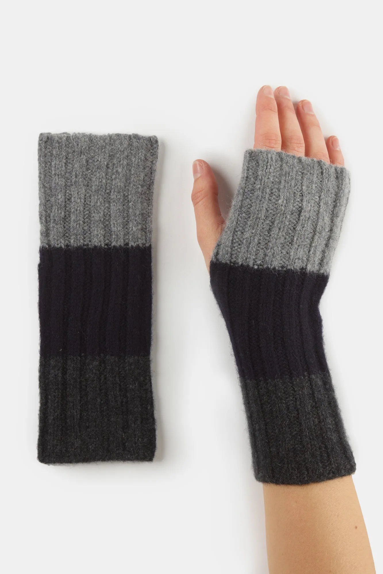 Lambswool Stripe Fingerless Gloves - Grey/Charcoal/Navy