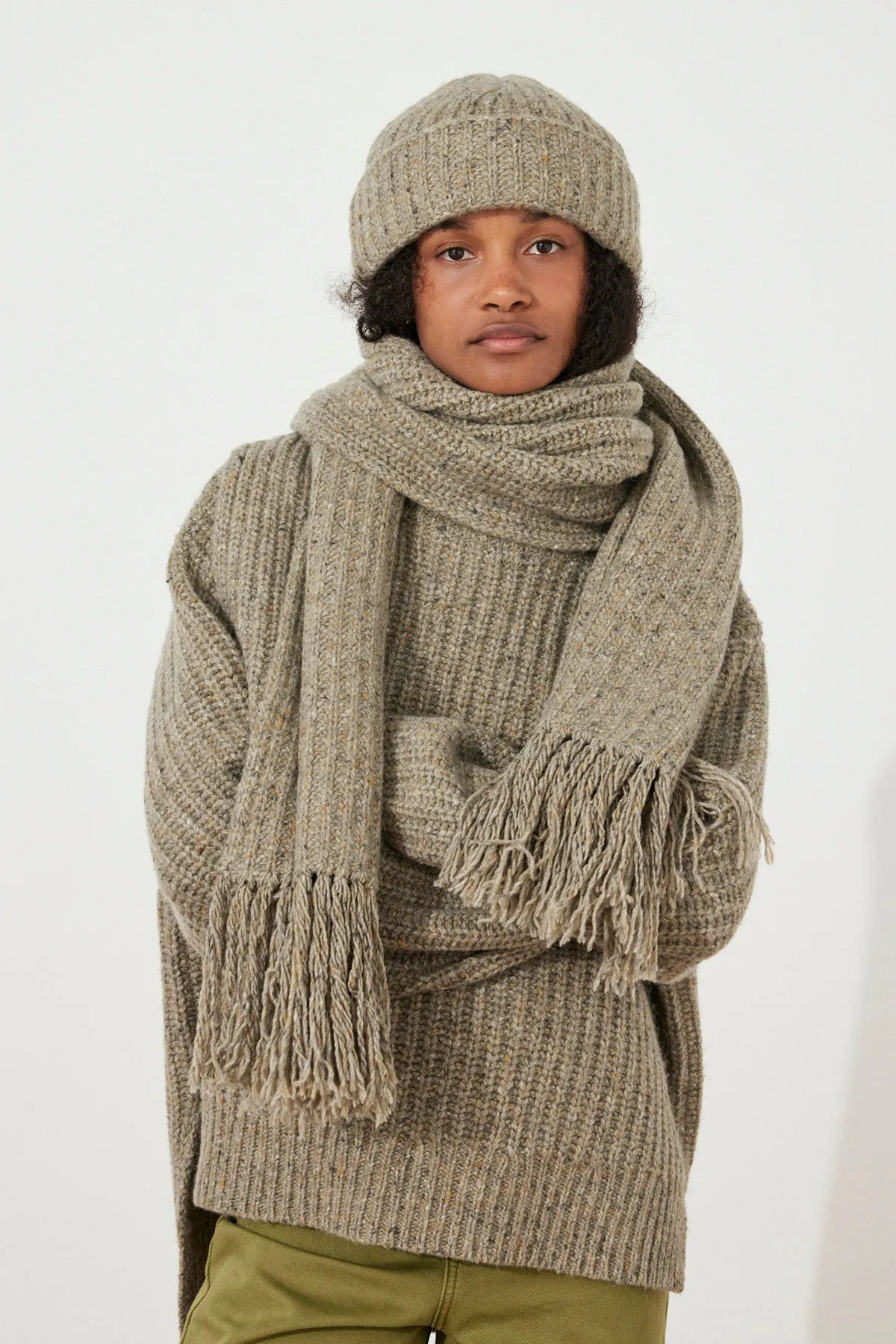 Olive Merino Wool Blend Knit Scarf