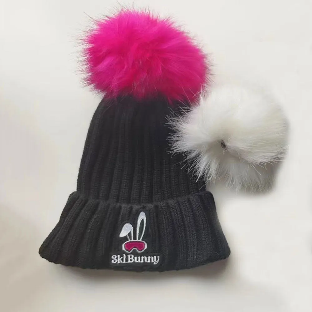 Ski Bunny Black Acrylic Hat w/2-Pom Poms