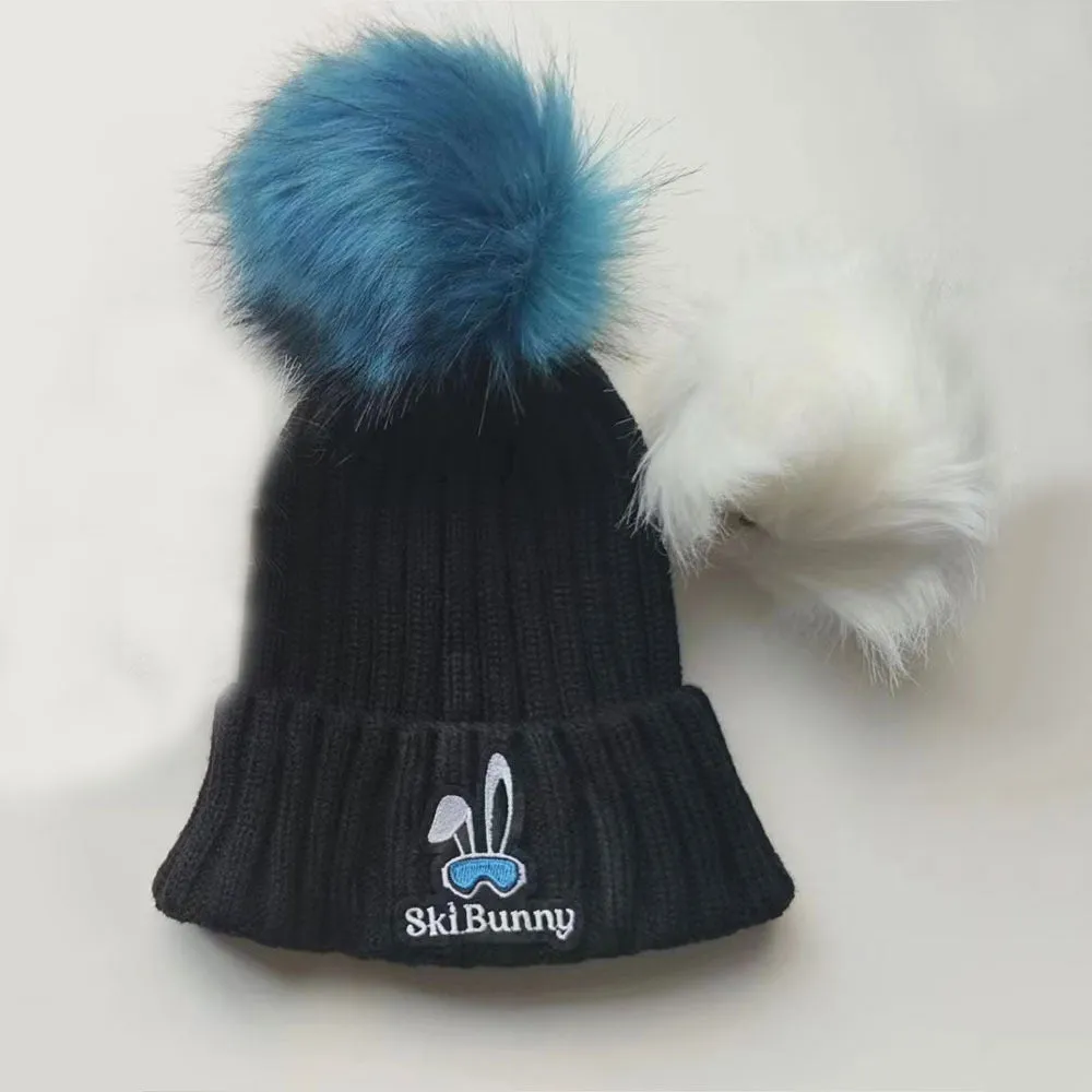 Ski Bunny Black Acrylic Hat w/2-Pom Poms