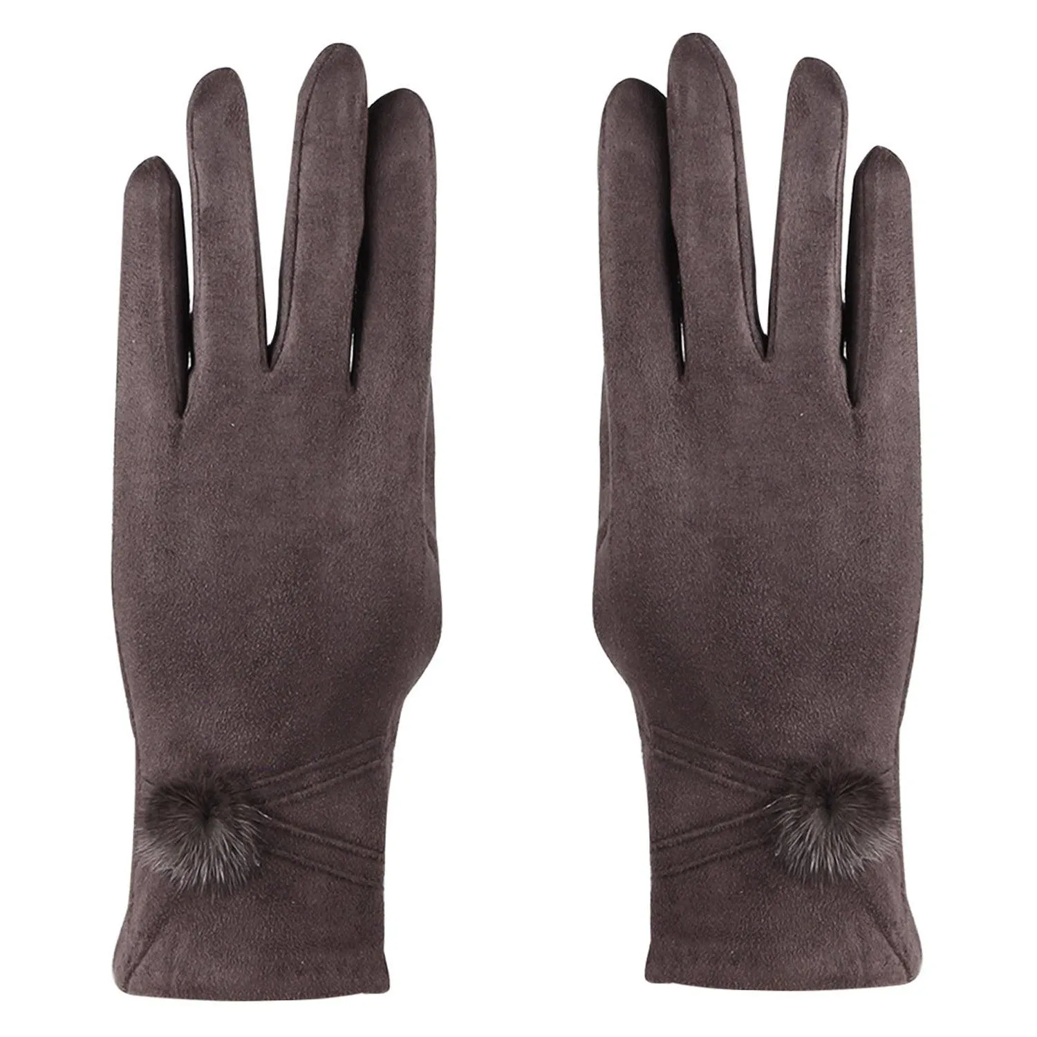 Women Gloves With Pom Poms - Brown