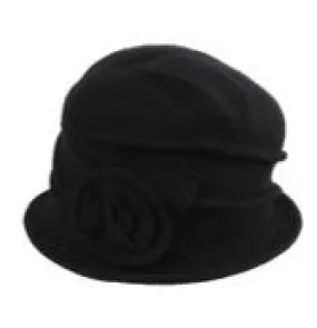 Wool Cloche Hat with Flower ~ Black